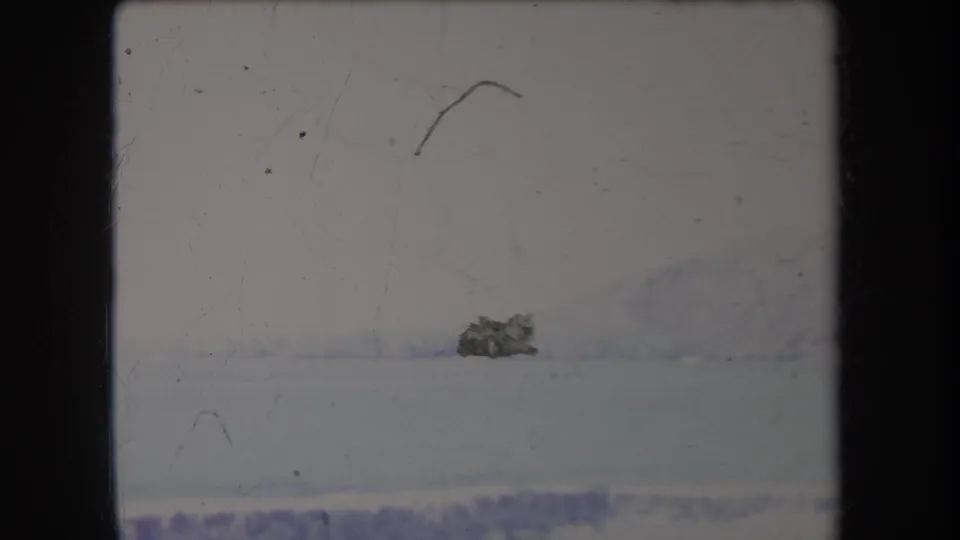 1969 Hawaii 8mm frame of a hazy winter landscape with a small dark natural-looking patch on the pale foreground.