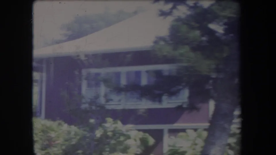 A purple-sided Hawaii house with white trim appears through trees and tropical greenery in soft 8mm color.