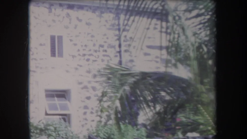 1969 Hawaii 8mm frame showing a pale stone building wall with shuttered windows and tropical palm fronds crossing the foreground.