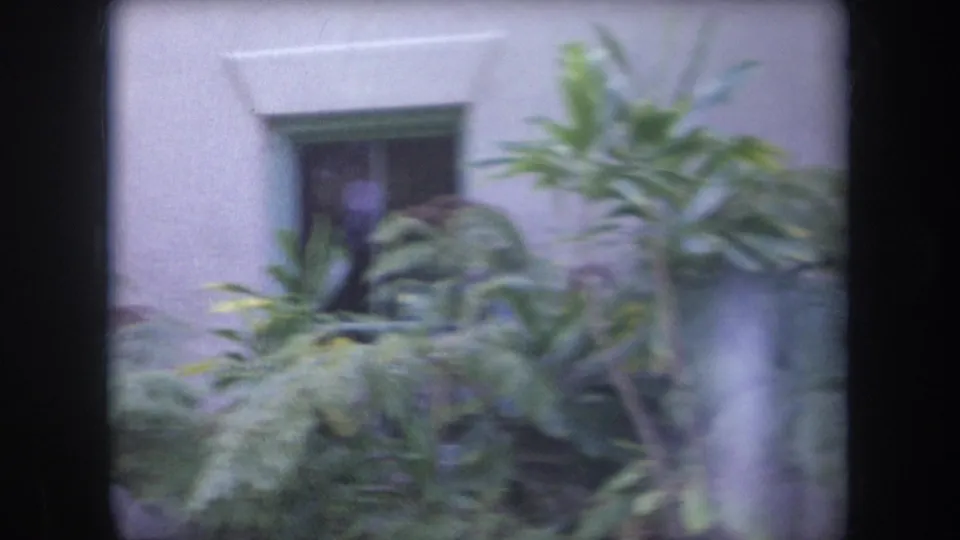 Final 1969 Hawaii home-movie frame shifts from the palace entrance to a nearby wall, window, and dense tropical foliage.