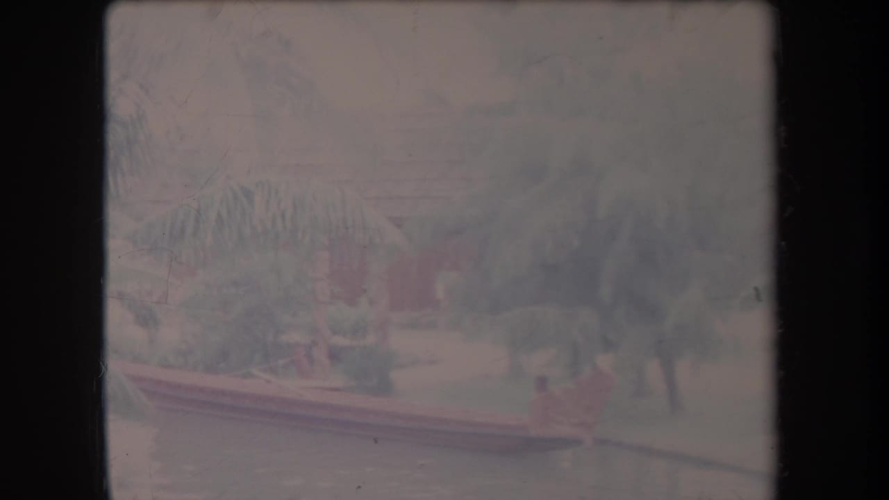 Faded frame of an outrigger canoe on calm water below palm trees.
