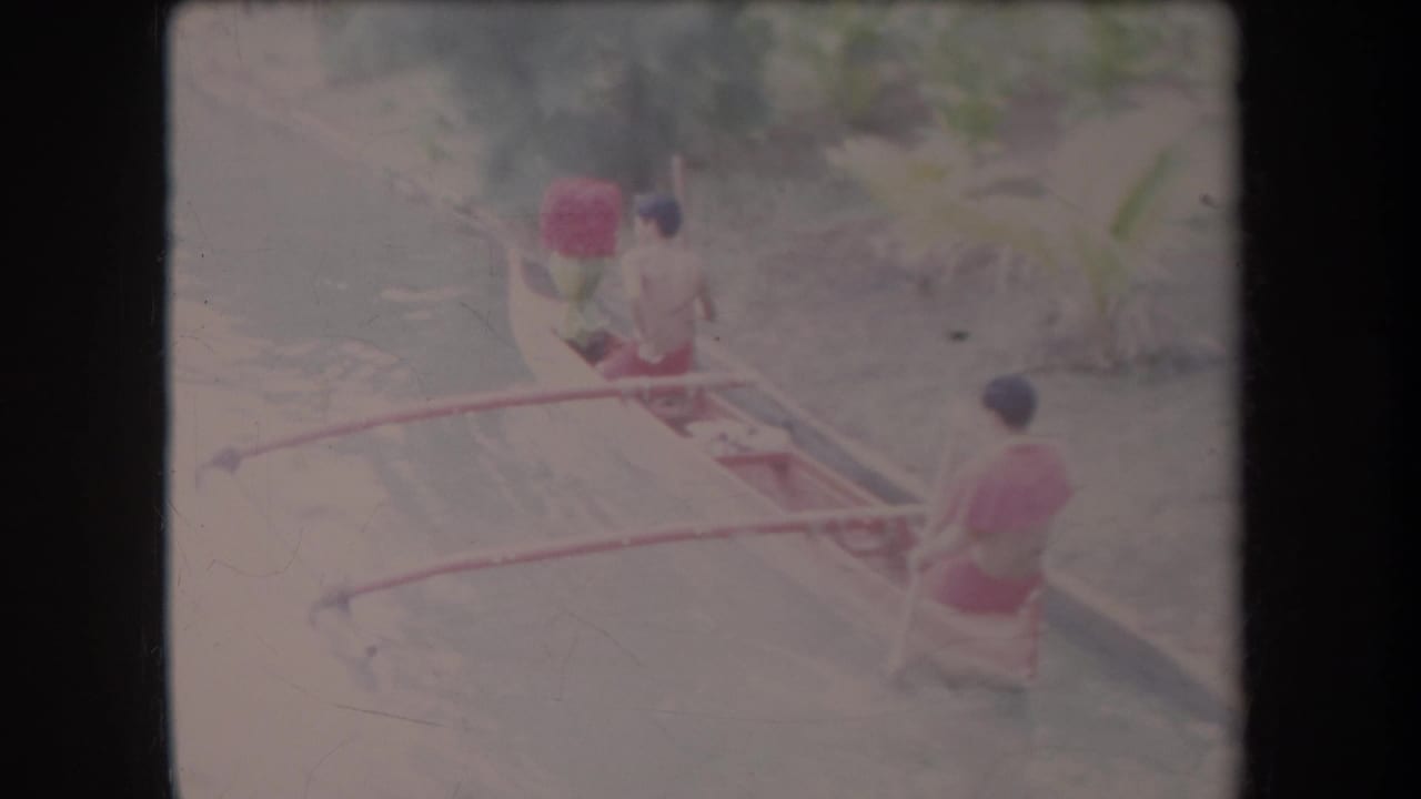 A small outrigger canoe carries two men past canal-side plants.