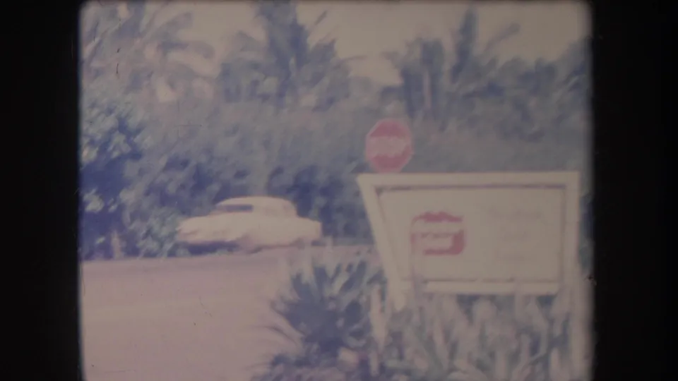 1969 Hawaii home-movie frame with a red stop sign, tropical roadside plants, low wall, and a light-colored car beyond the road.