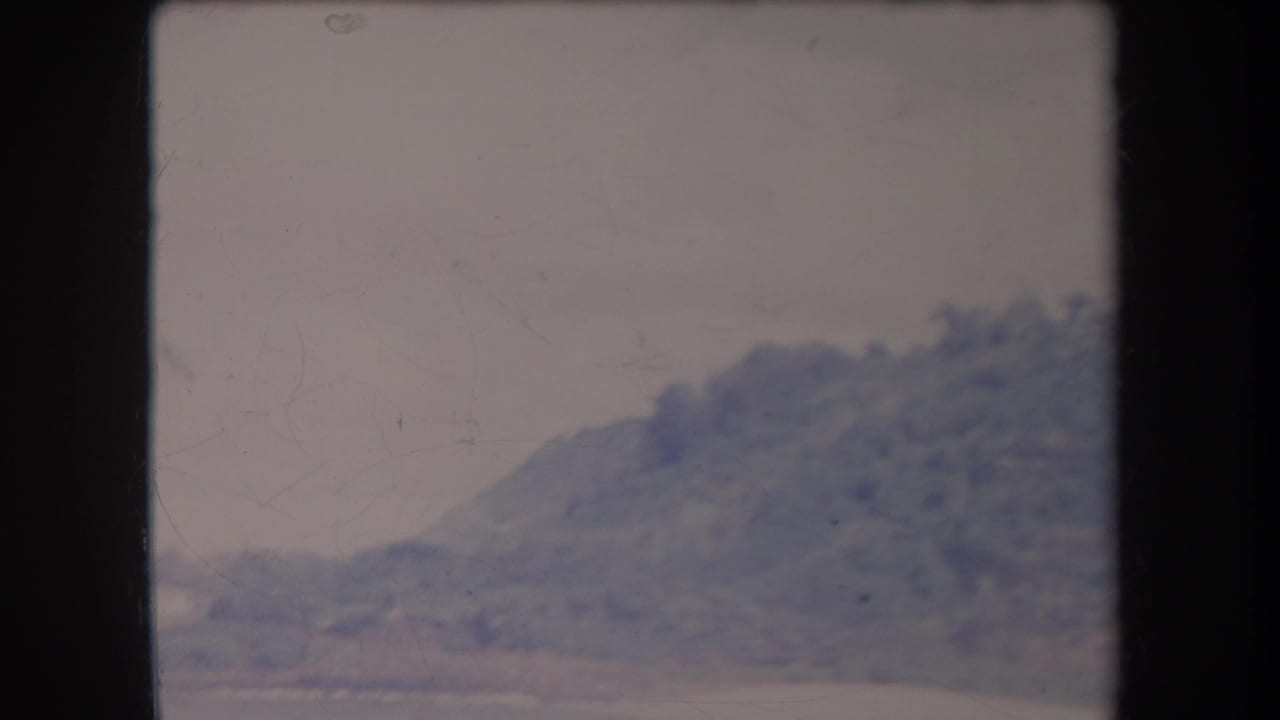 Wooded hillside above a narrow shoreline with soft, faded color.