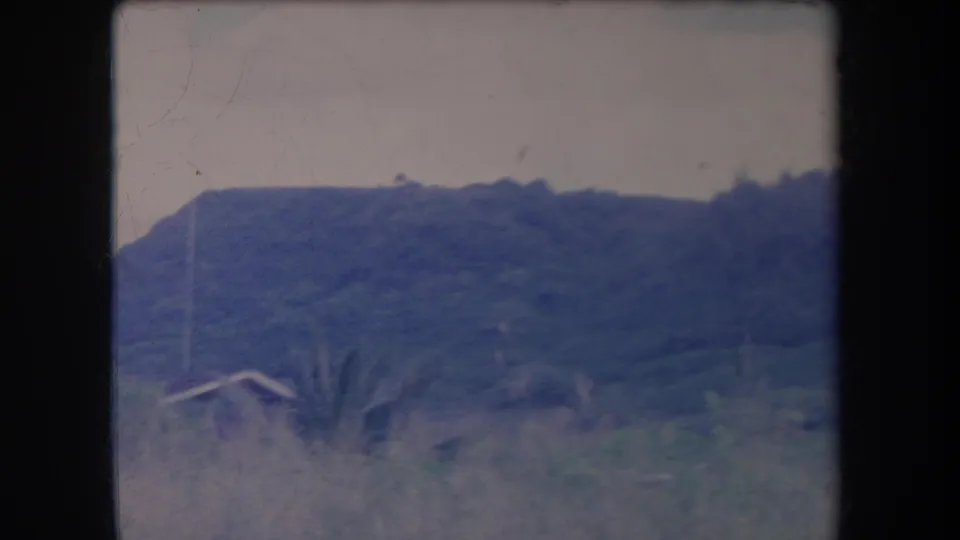 1969 Hawaii 8mm frame of green hillside vegetation, a small roofline, and distant tree cover.
