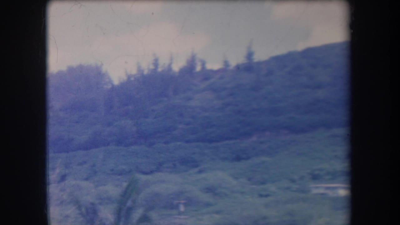 Soft blue-green hillside with trees and dark 8mm frame borders.