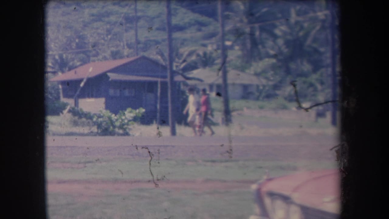 Two people continue along a Hawaii roadside near red-roofed houses, palms, and the partial hood of a red car.