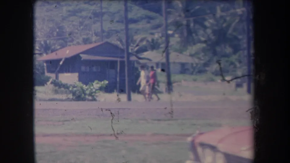 Two people continue along a Hawaii roadside near red-roofed houses, palms, and the partial hood of a red car.
