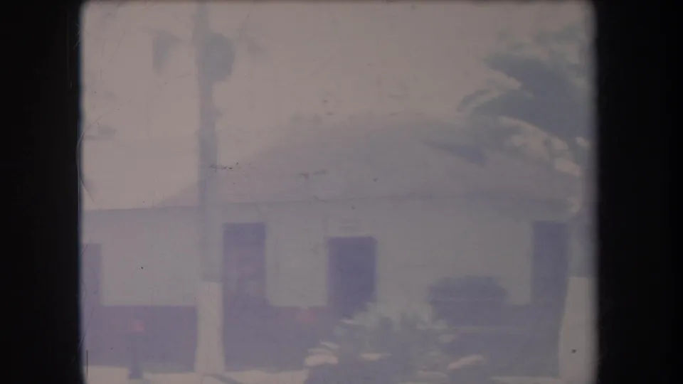 Hazy 1969 Hawaii roadside view with a low house, palm foliage, and washed color from the 8mm scan.