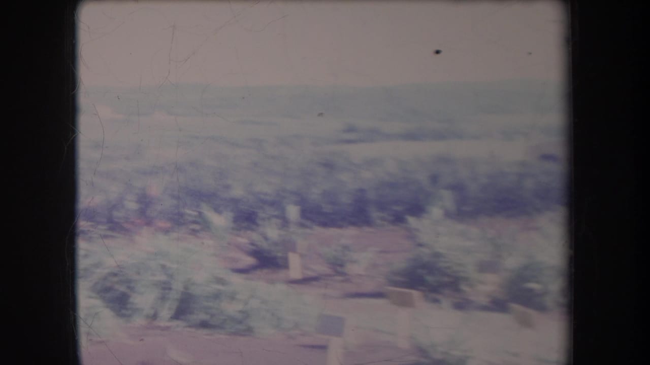 1969 Hawaii 8mm frame showing a soft, moving view of rural vegetation and distant low buildings through dark frame edges.