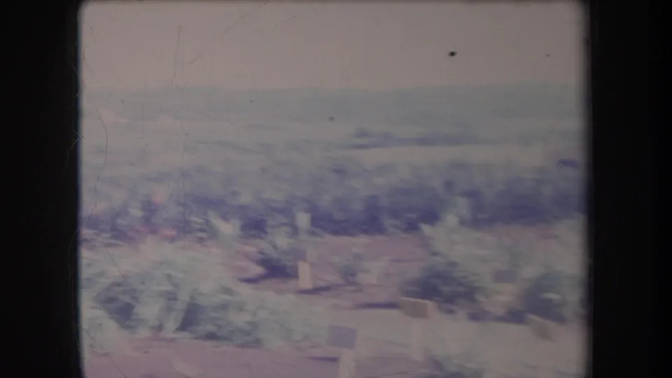1969 Hawaii 8mm frame showing a soft, moving view of rural vegetation and distant low buildings through dark frame edges.