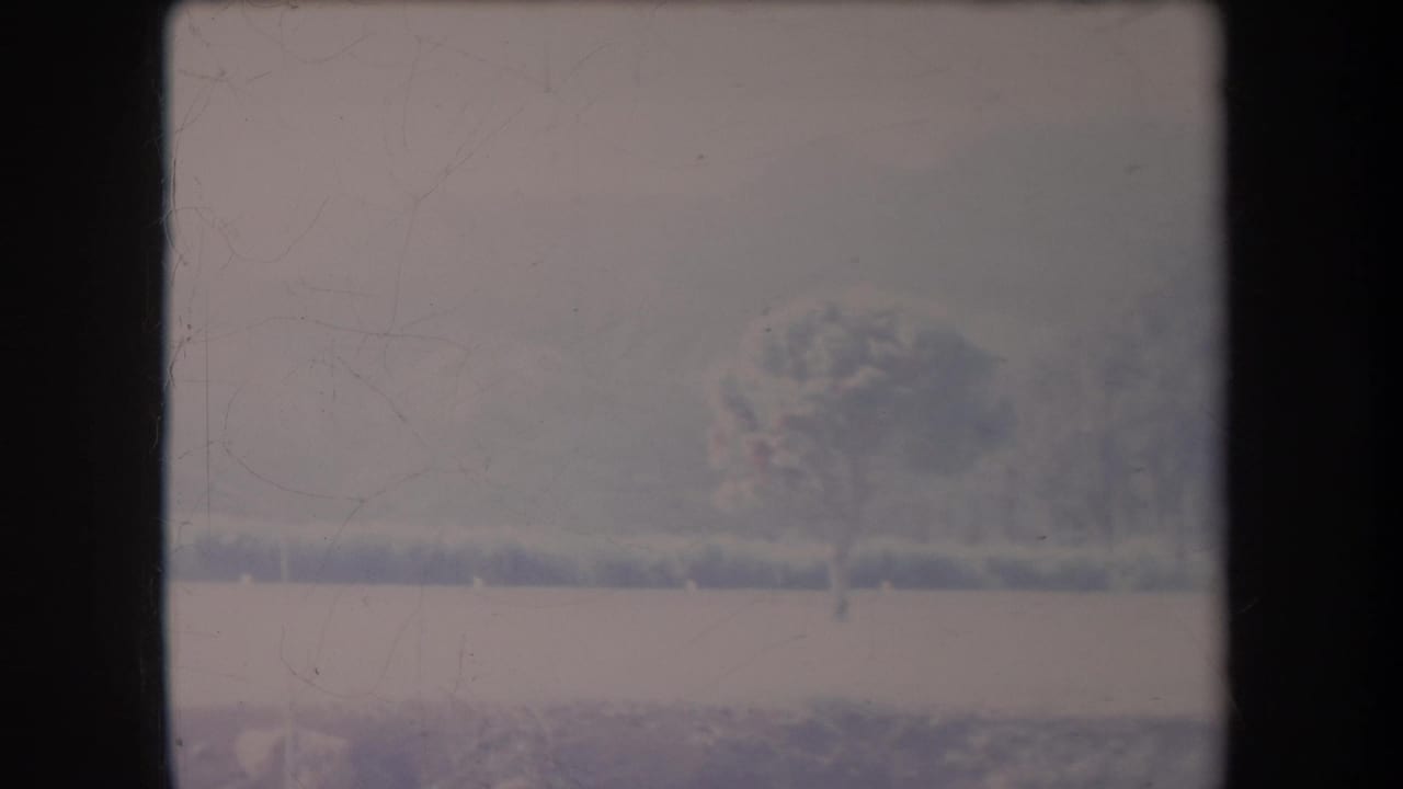 1969 Hawaii 8mm frame with a pale open field, a tree near the horizon, shrubs, utility poles, and hazy hills.
