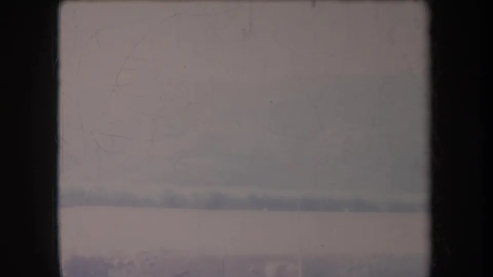 1969 Hawaii 8mm frame showing a washed-out field and shrub line with atmospheric haze and visible film wear.