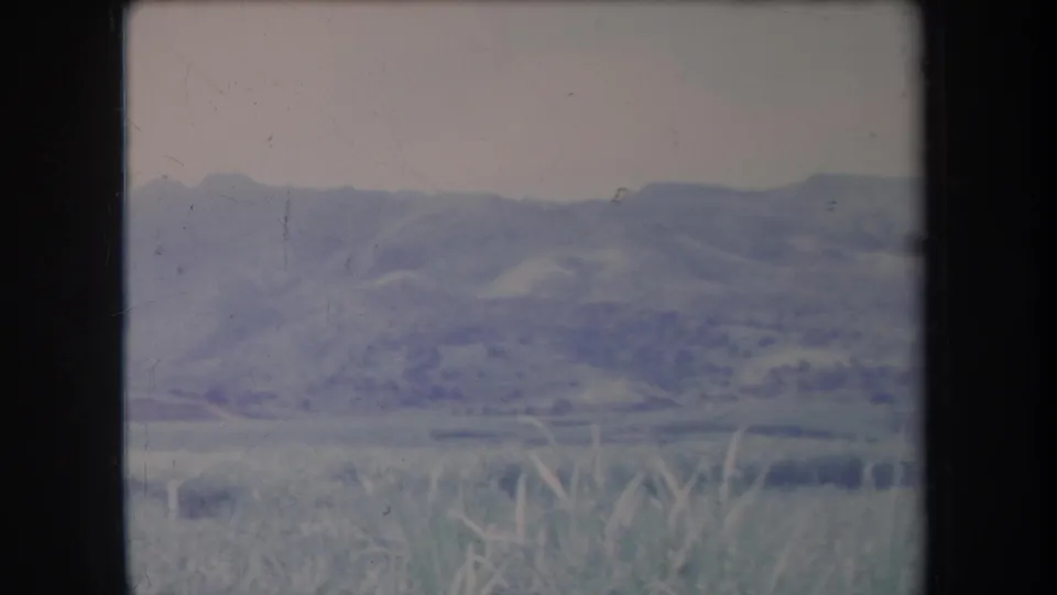 1969 Hawaii 8mm still showing low hills, open grassland, and tall foreground grass with visible film wear.