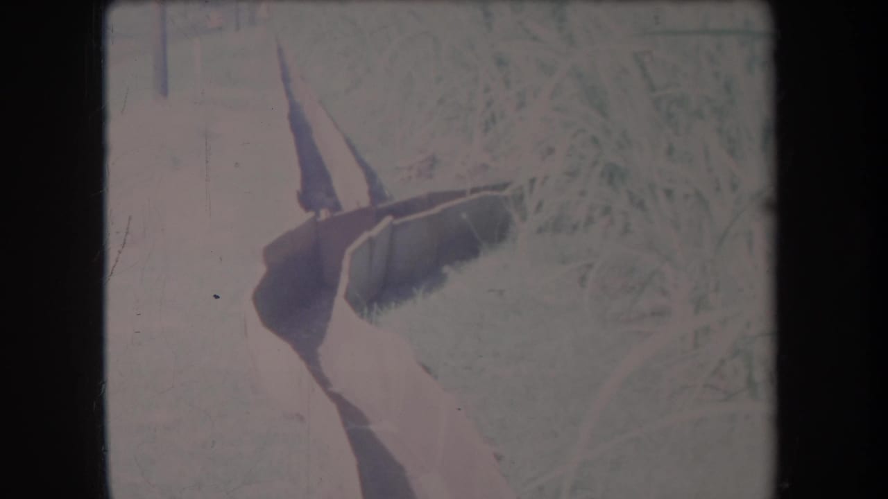 1969 Hawaii 8mm frame showing a close, soft-focus view of tall grass and a dark tool-like shape near the ground.