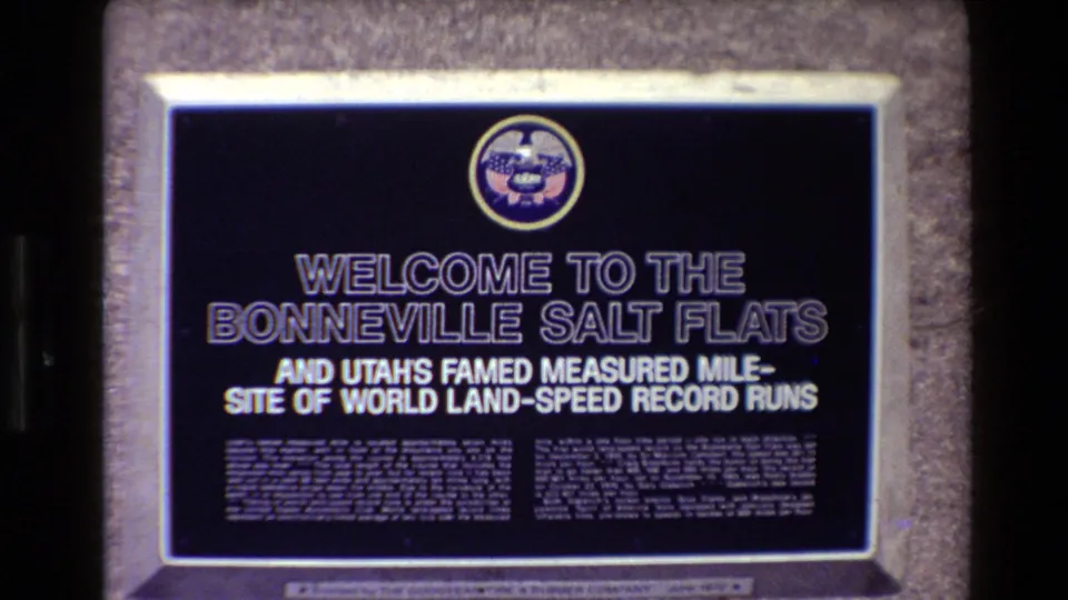 The 8mm frame holds on the Bonneville Salt Flats plaque, showing the welcome text, measured-mile reference, and emblem at the top.
