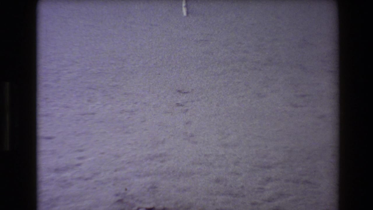1980 Western USA 8mm frame of a pale snowy or frosty ground surface with faint tracks and grainy purple-tinted film texture.