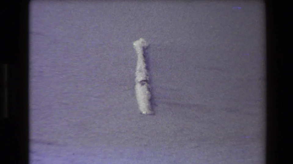 1980 Western USA 8mm frame of a small pale object resting on sand, with coarse grain, subdued contrast, and purple-blue color shift.