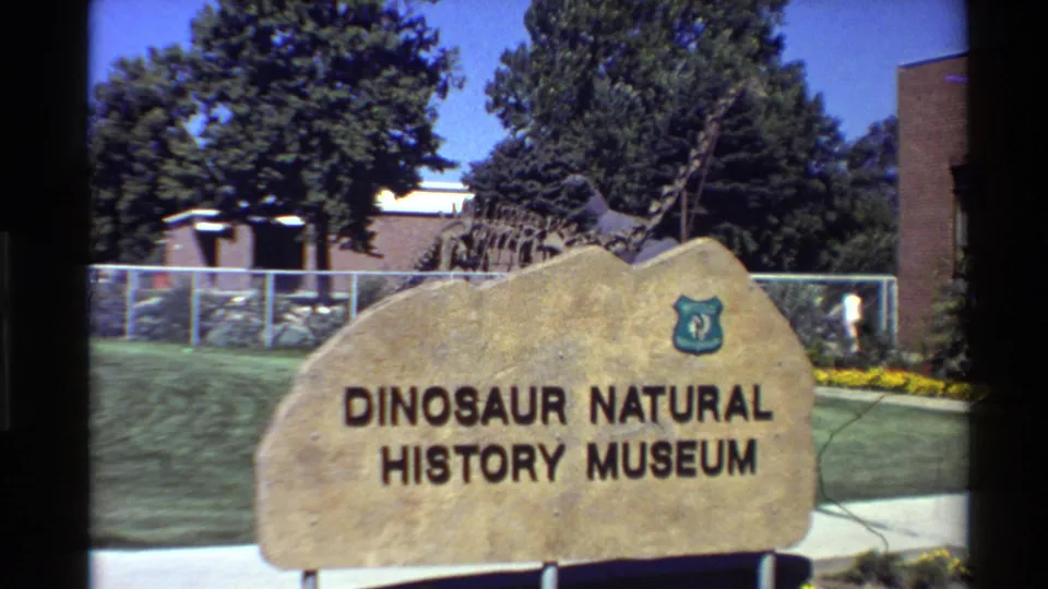 Bright daylight frame of the Dinosaur Natural History Museum sign, with trees and a fenced skeleton exhibit behind it.