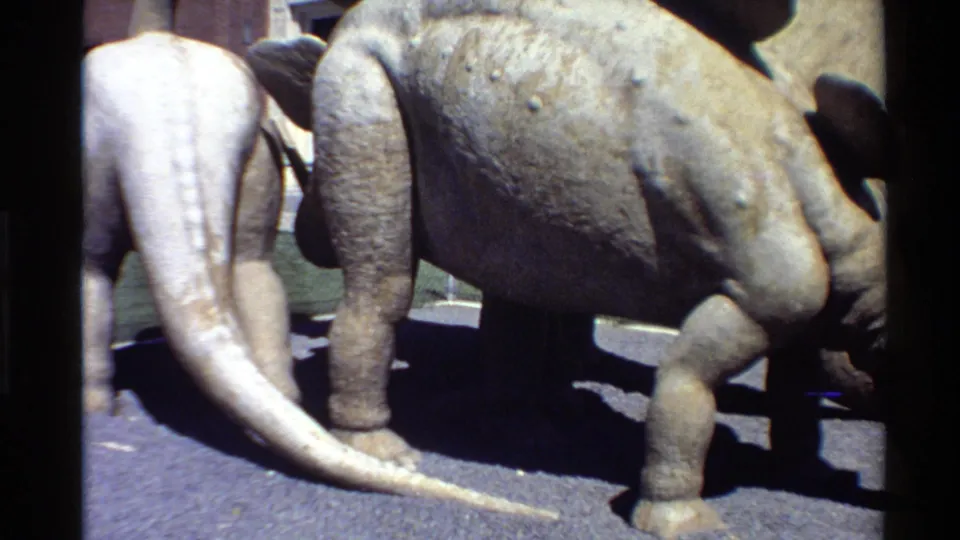 1980 home-movie frame showing the rear and long tail of a pale dinosaur model next to a gray Stegosaurus-like exhibit figure.