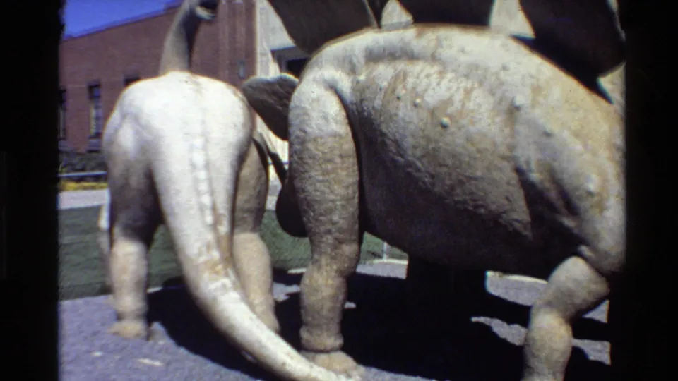 Close 8mm view of two outdoor dinosaur museum models, with a pale long-tailed figure and a gray Stegosaurus-like body near a brick building.