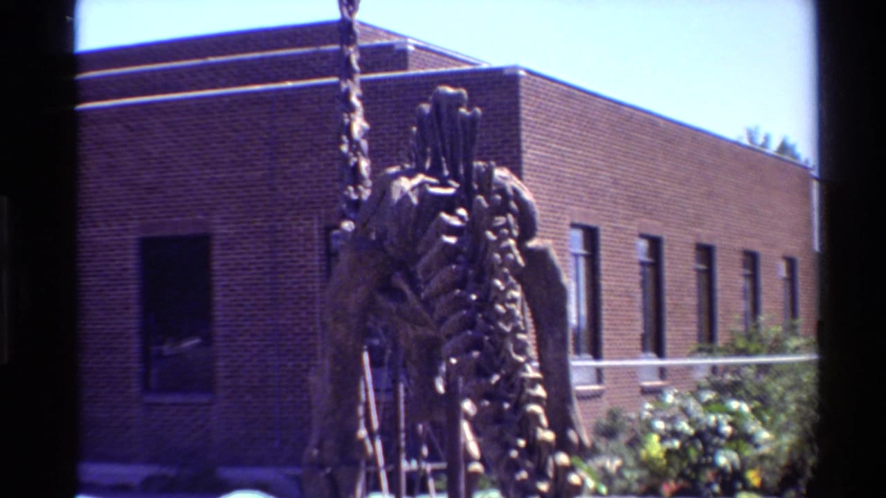 1980 Western U.S. home-movie frame showing a mounted dinosaur skeleton in front of a brick institutional building with greenery below.