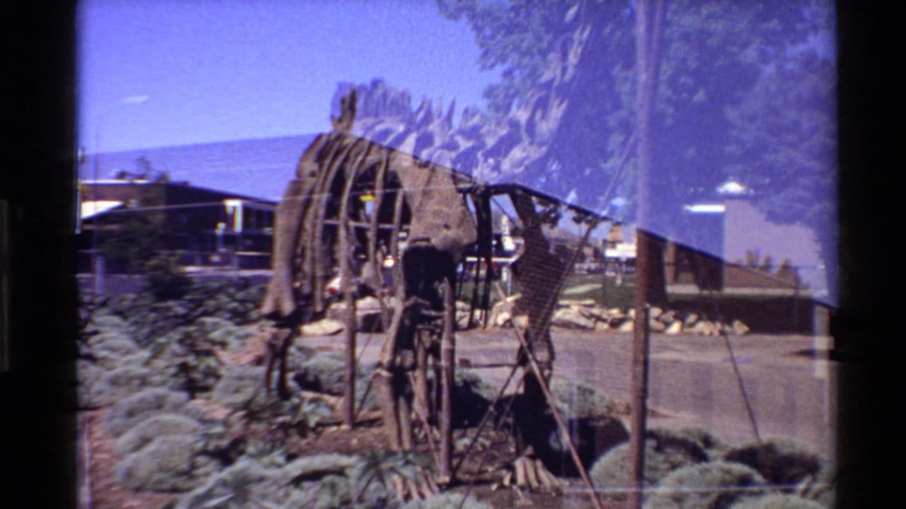 1980 Western U.S. 8mm frame showing an outdoor long-neck dinosaur skeleton model on metal supports beside shrubs and low buildings.