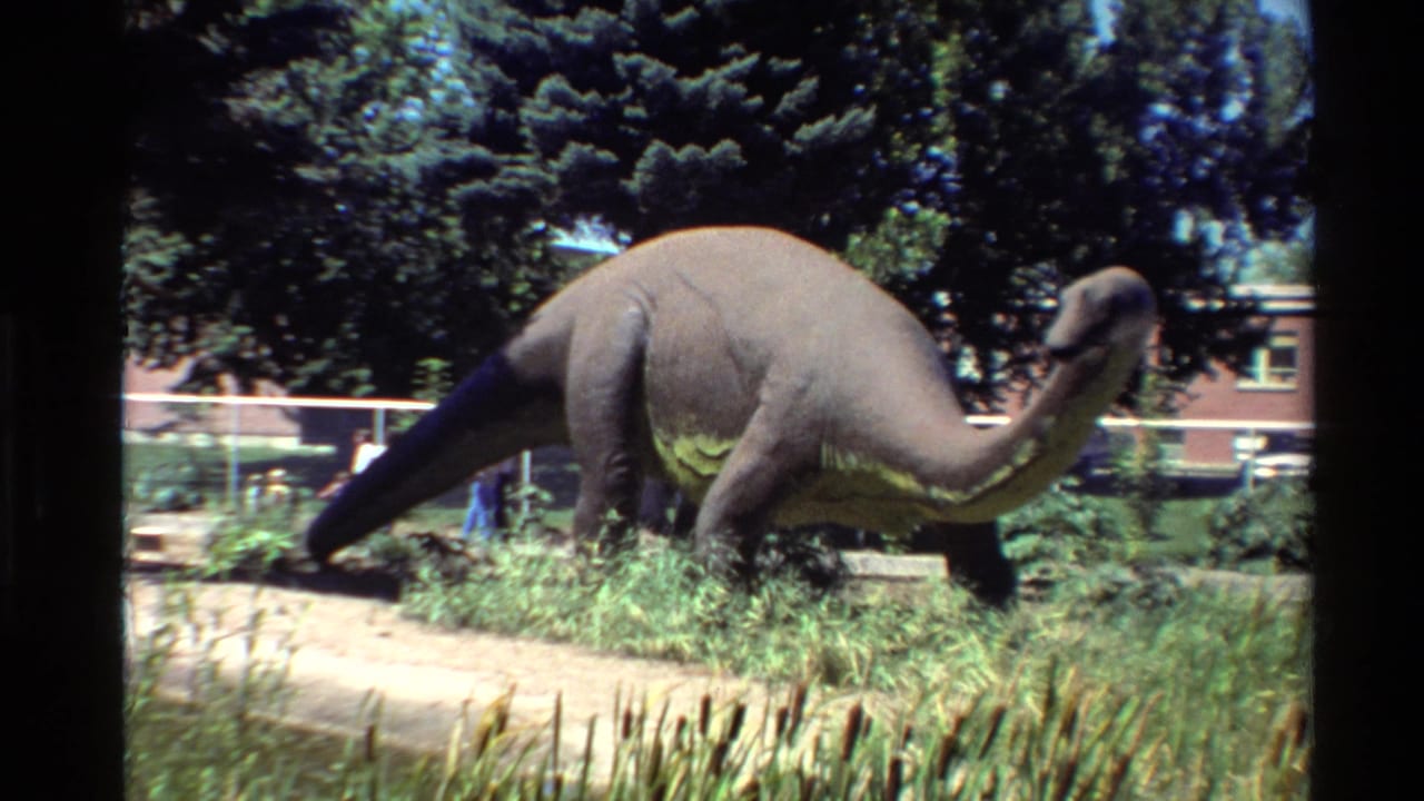 Dinosaur model seen side-on in a grassy exhibit area with trees, fence, and building behind.