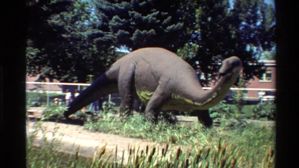 Closer 8mm view of the sauropod-like model in an outdoor United States exhibit, with film softness and saturated greens around the display.