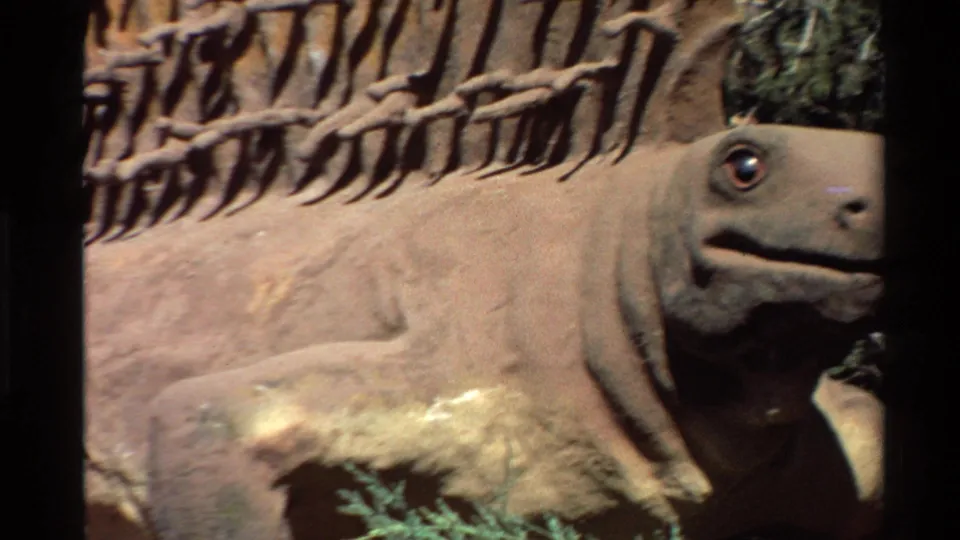 1980 United States 8mm frame showing a brown Dimetrodon-like museum model with a red eye and textured sail-like back.