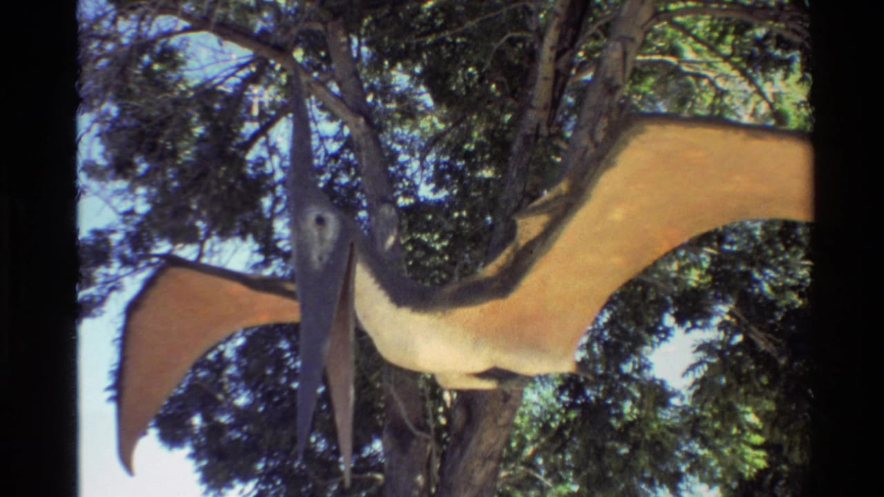 Tan pterodactyl exhibit seen through tree branches in vintage 8mm footage from a Western USA dinosaur park.
