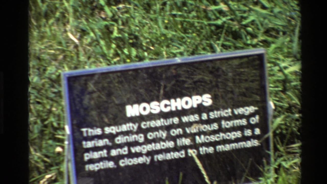 Moschops sign angled in grass with text slightly soft.