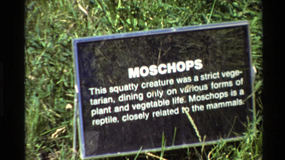 1980 8mm close-up of the Moschops sign describing the creature as vegetarian and related to mammals.