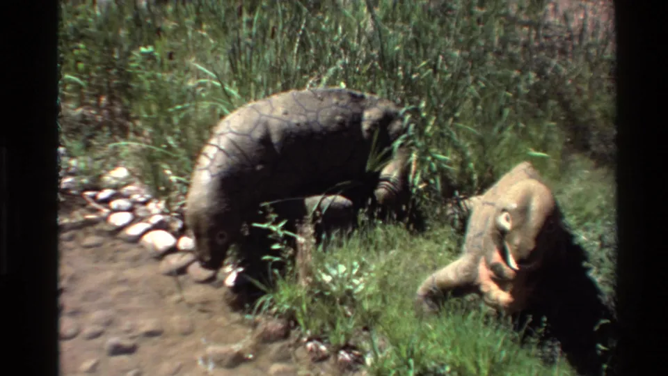 Final frame of the 1980 home movie shows the Moschops models posed among grass, rocks, and a shallow dirt area.