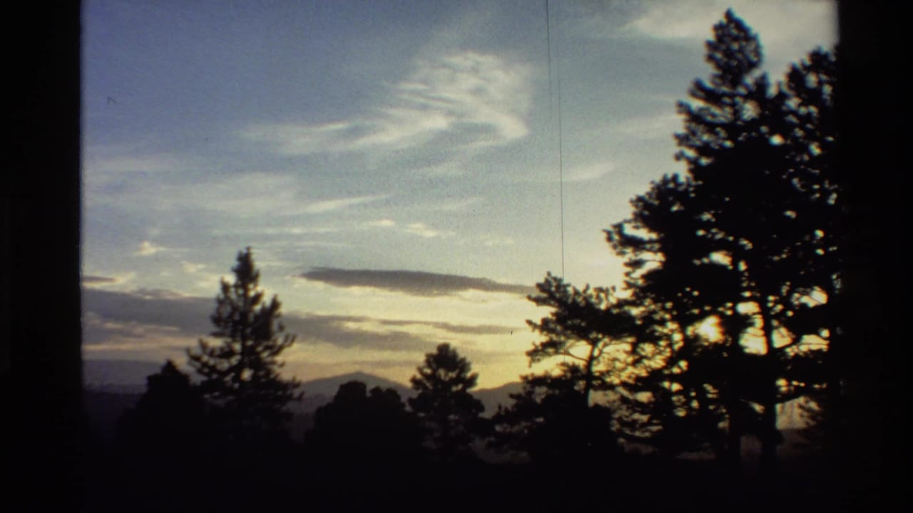 Dark trees and a low mountain horizon beneath wispy clouds at dusk.
