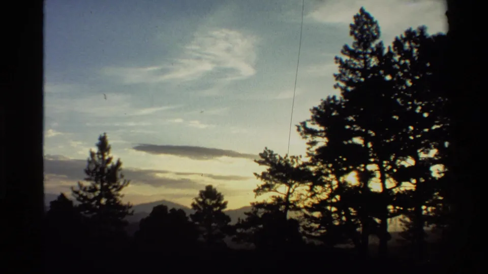 1980 Western U.S. 8mm frame of pine silhouettes, soft clouds, and a warm horizon, with a visible vertical film line.