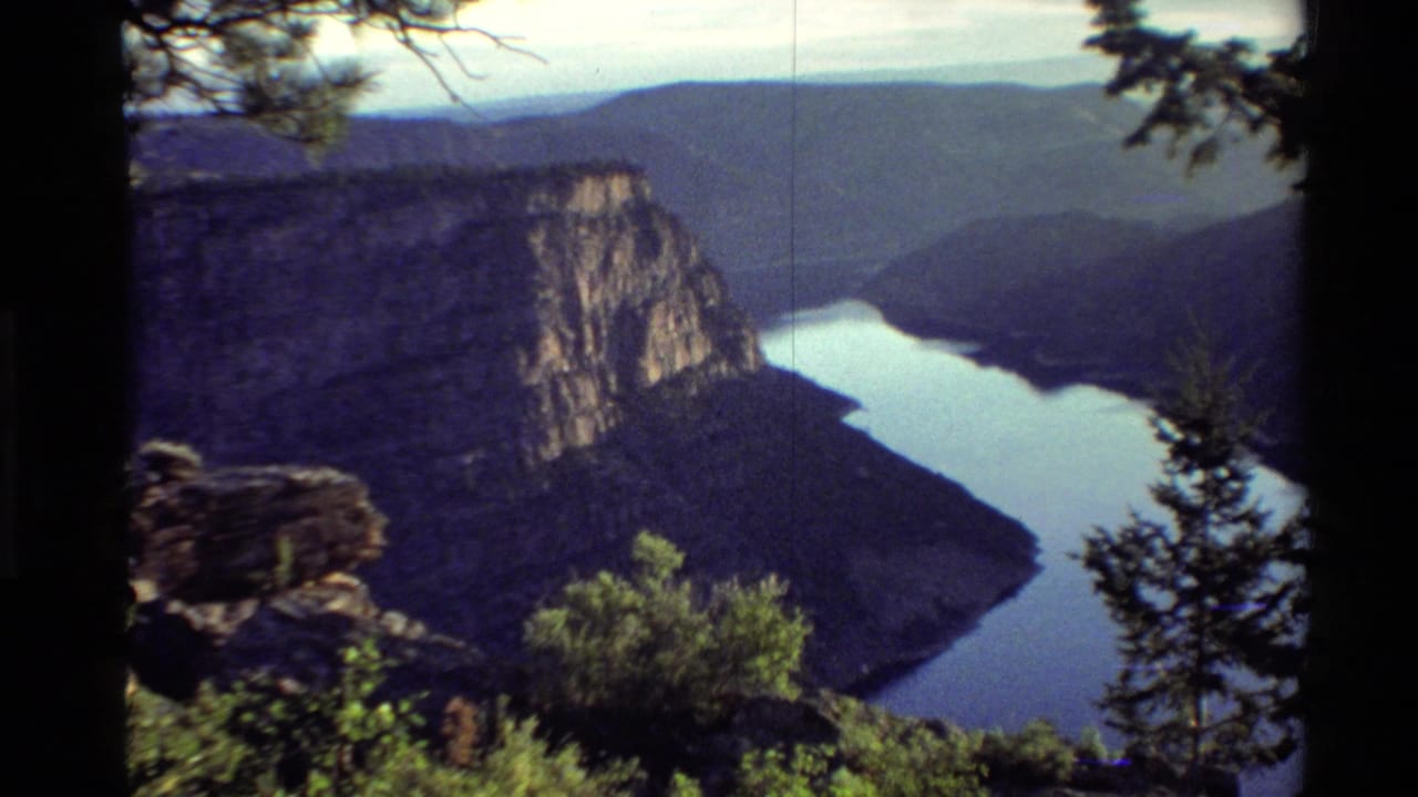 1980 Western USA 8mm view of a winding river below steep canyon walls, framed by dark pine branches and rocky foreground.