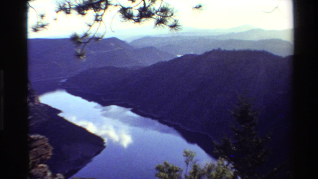 1980 Western U.S. frame of a winding river or lake below forested mountain ridges, framed by pine branches and dark vertical tree edges.