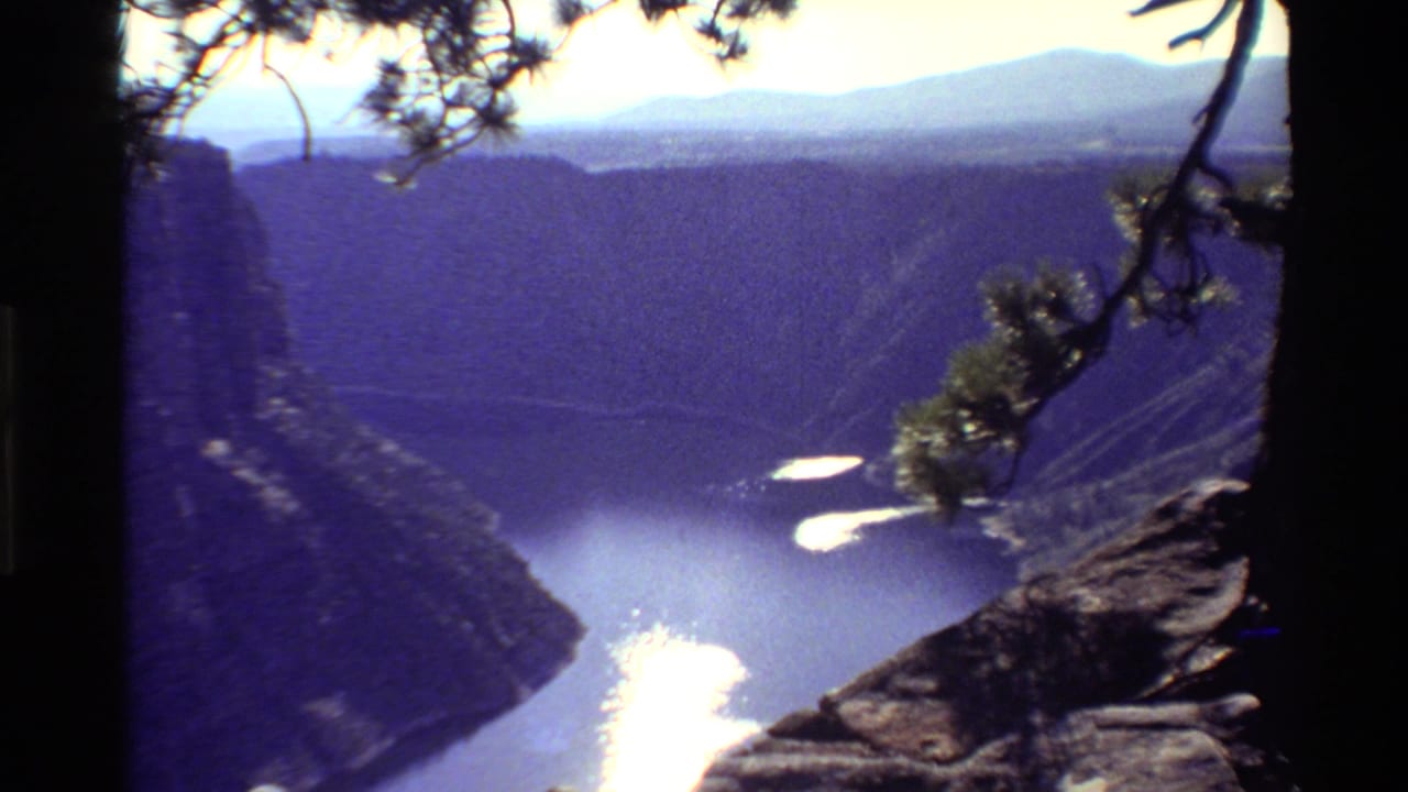1980 Western USA 8mm frame showing a blue river winding through a deep canyon, with pine branches and rocky ledge in the foreground.