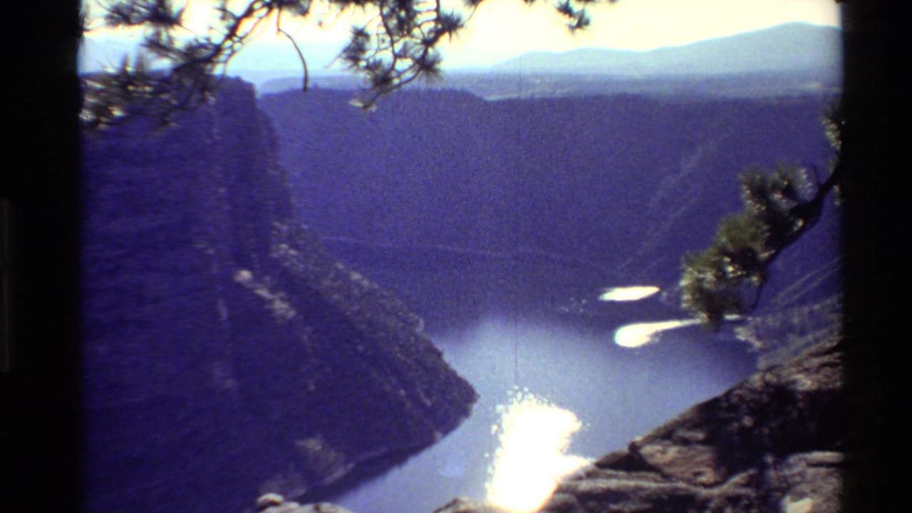 1980 8mm Western USA view of a deep canyon lake, sunlit water reflections, pine branches, and distant forested ridges.