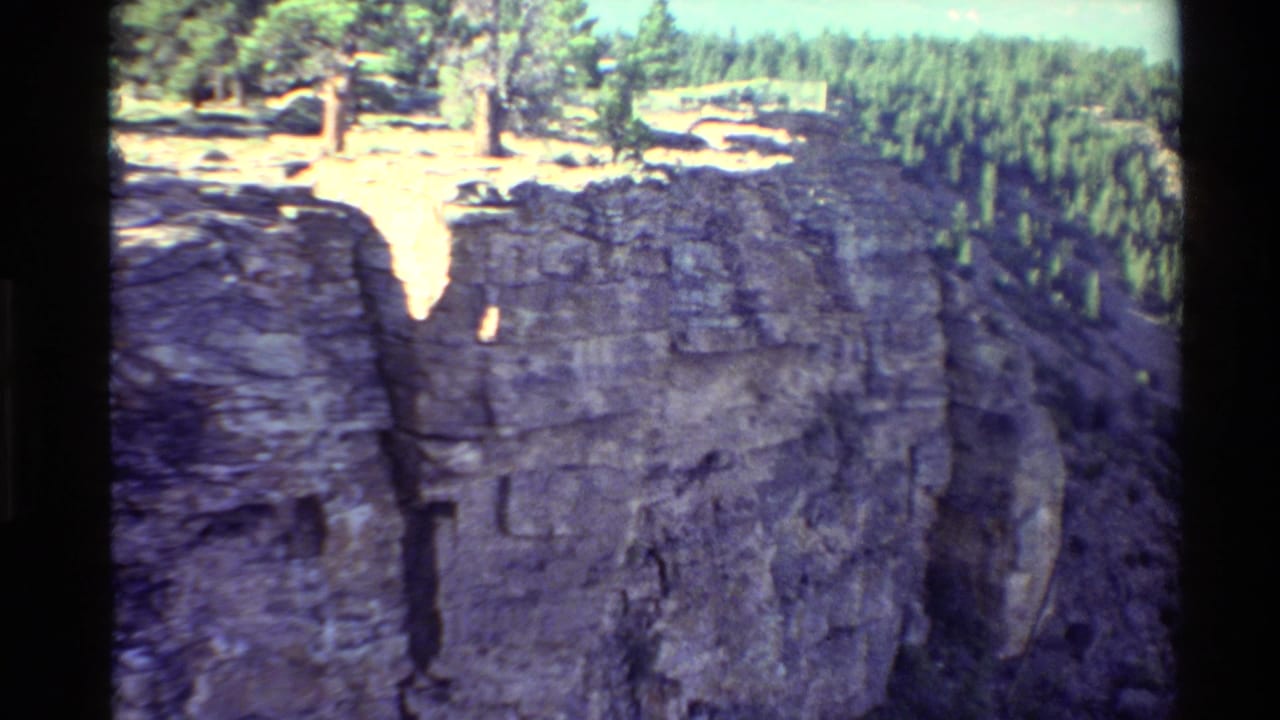 Layered cliff edge with pine trees and forest beyond.