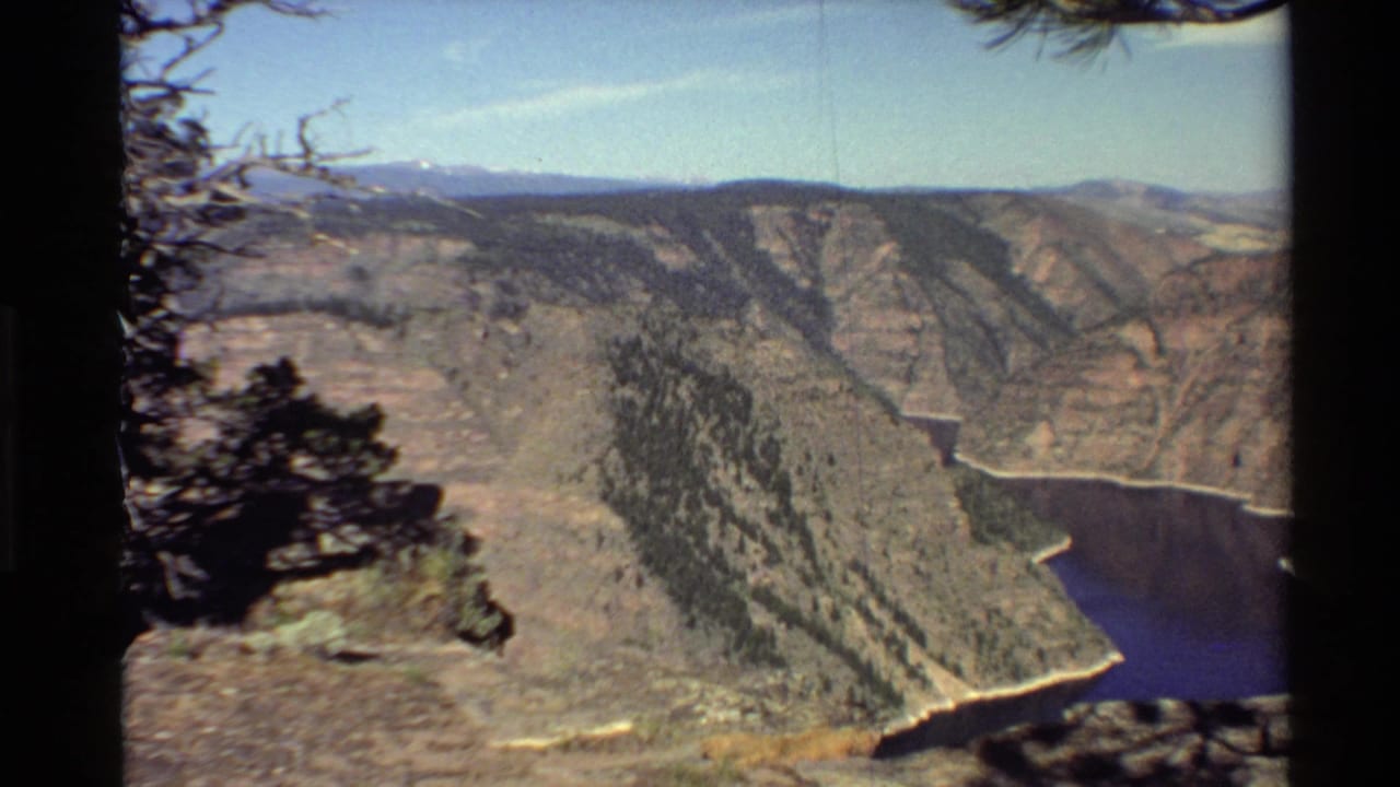 Canyon overlook with foreground trees, distant ridges, and a winding river below.