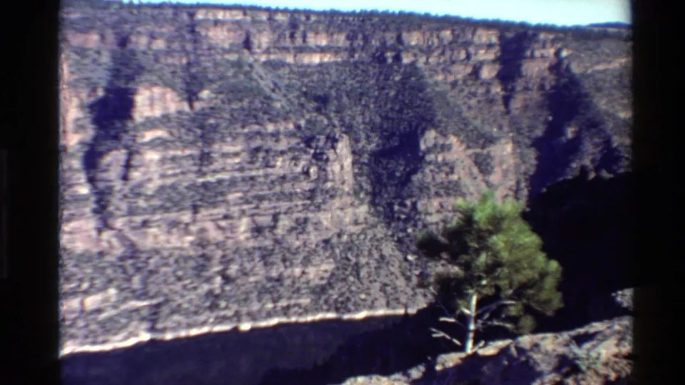 Western U.S. canyon view on 8mm film, with a lone tree in the foreground and deep shadow or water below the rock wall.