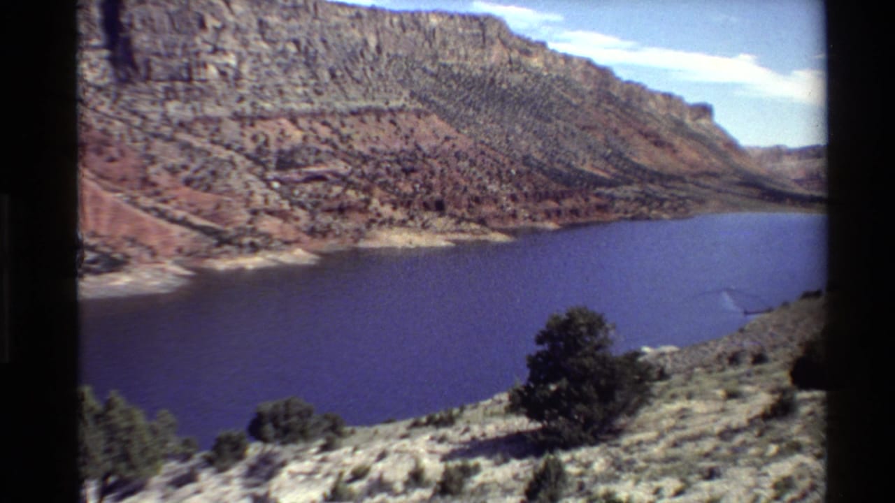 Blue reservoir curves through a desert canyon with cliffs, scrub, and a tree on the slope.
