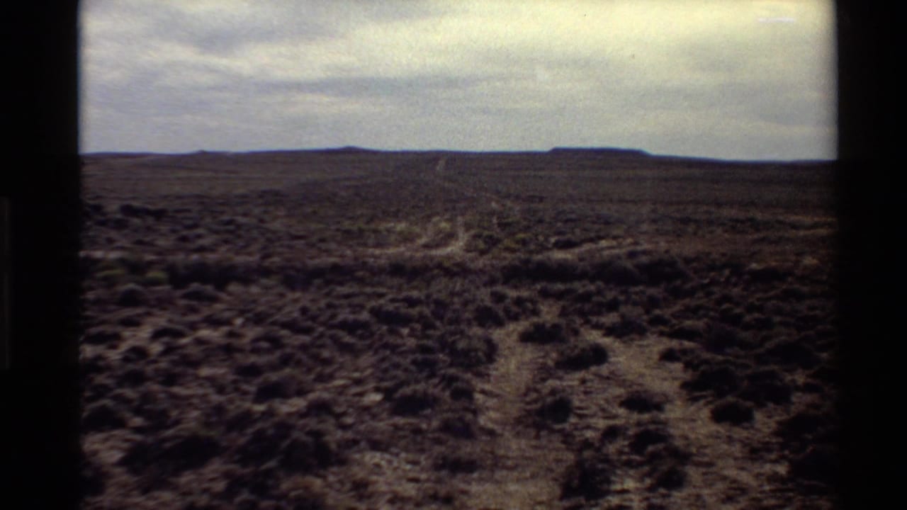 Wide arid plain with a faint dirt track running toward low hills on the horizon.