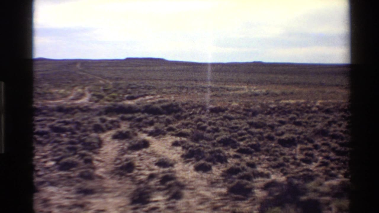 Scrub-covered desert plain with a faint dirt path, low horizon, pale sky, and dark film borders.