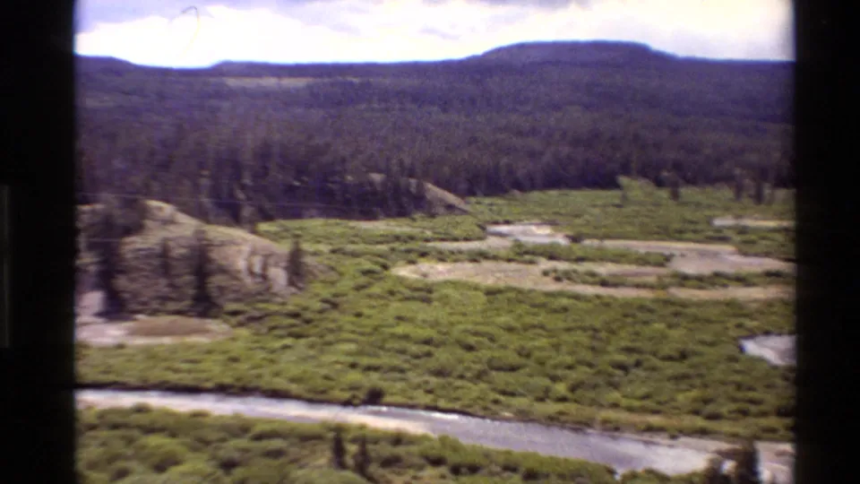 1980 8mm landscape frame showing a broad Western United States river valley with green grasses, pale banks, scattered trees, and low wooded hills.