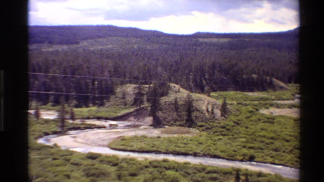 Winding river through green meadow below pine forest and distant hills.