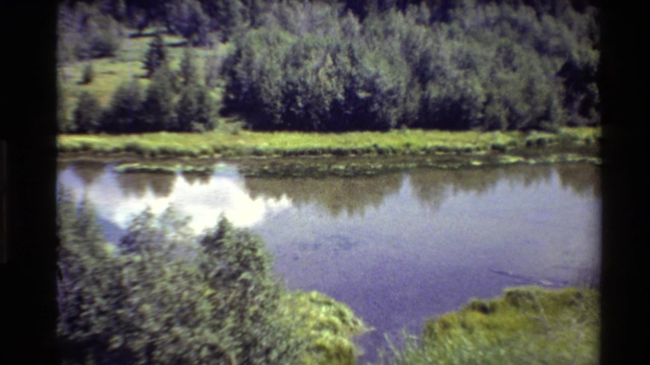 1980 Western USA 8mm frame with the camera closer on a lake, far shore vegetation, shrubs, and forested background.