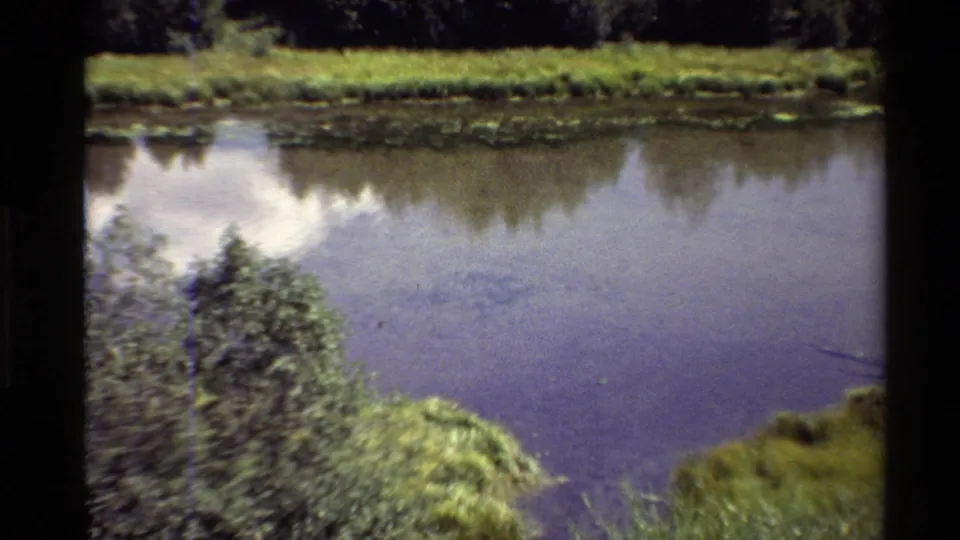 1980 Western USA 8mm frame showing a closer view of rippled lake water, reflected clouds, and nearby shore plants.